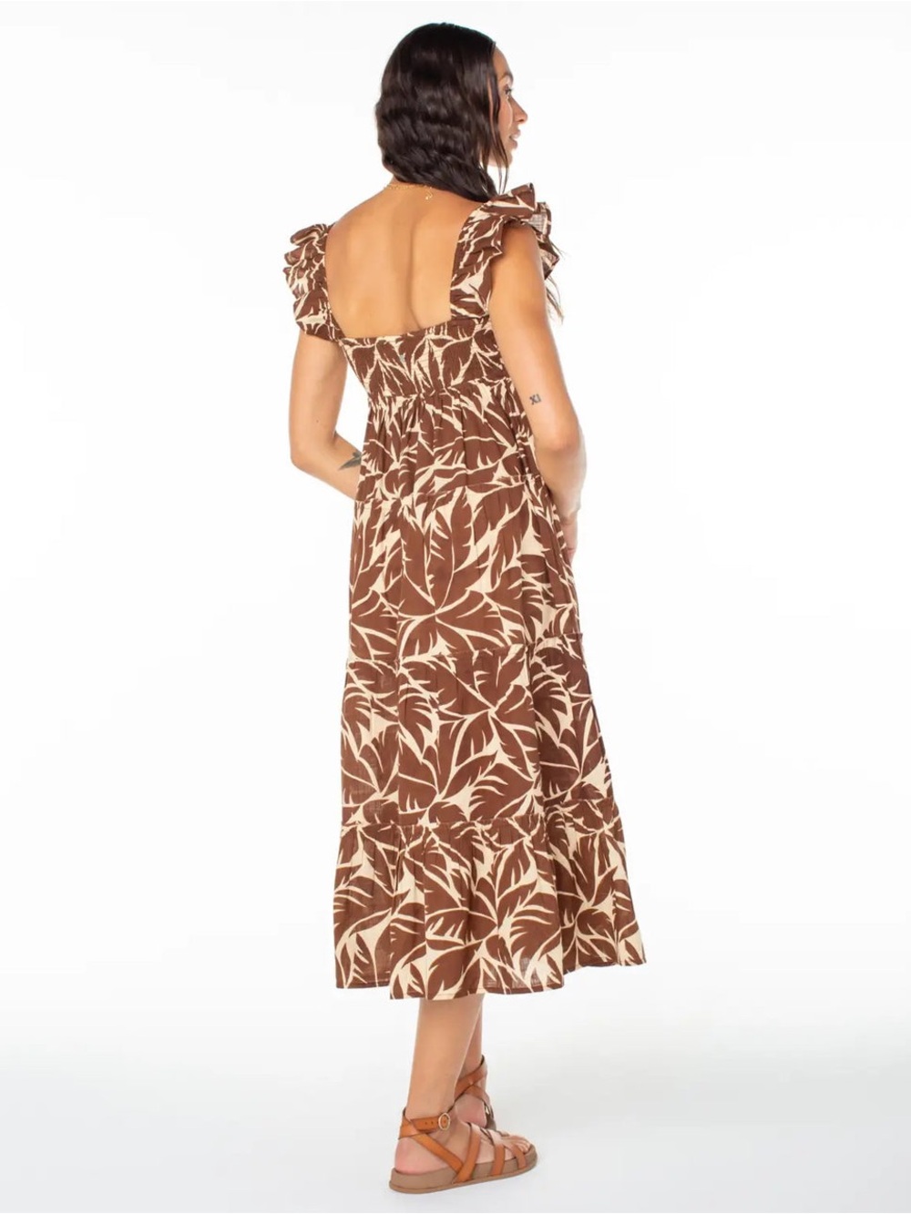 Roxy Brown Tropical Print Midi Dress with Cream Leaf Motif - Picture 4 of 6